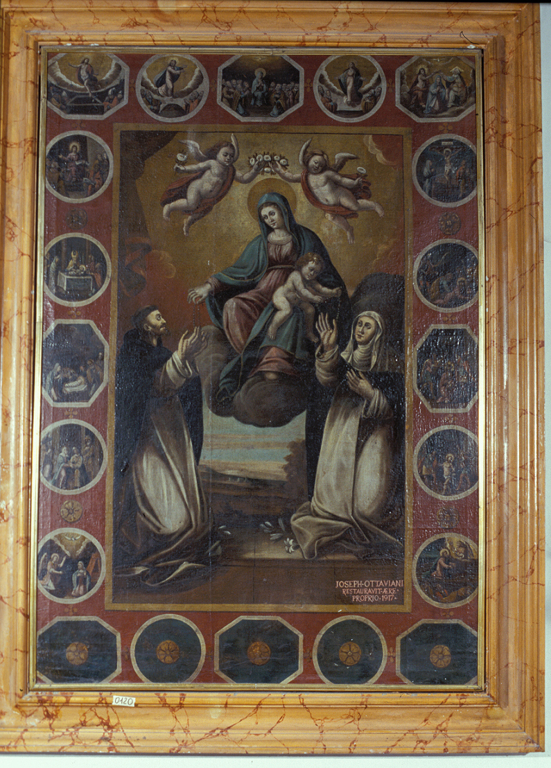 Madonna del Rosario con San Domenico e Santa Caterina da Siena (dipinto) - ambito Italia centrale (sec. XVII)