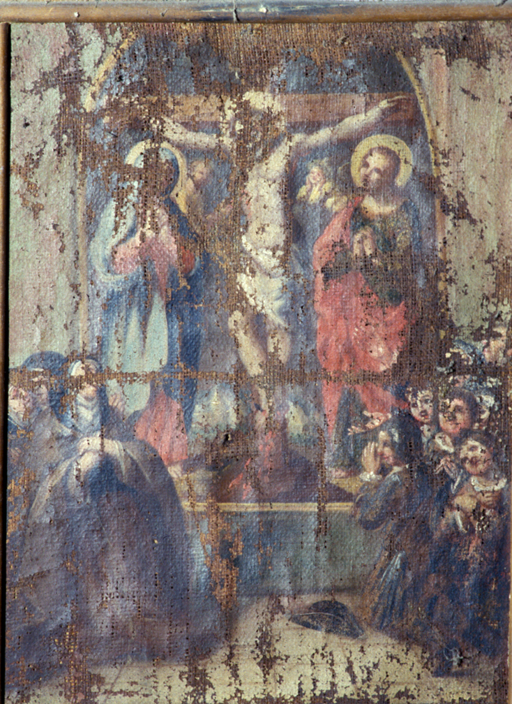 crocifissione con la Madonna, San Giovanni evangelista, Santi e devoti (dipinto) - ambito Italia centrale (sec. XVIII)