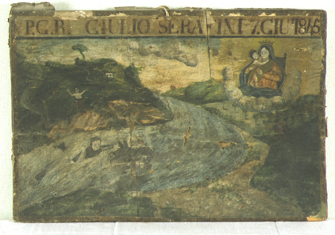 miracolo della Madonna del Pelingo: incidente al fiume (ex voto) - bottega marchigiana (sec. XIX)