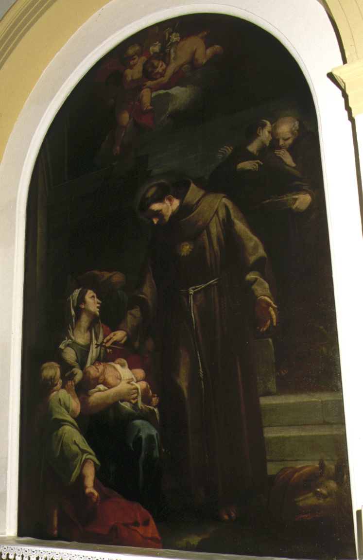 Il Beato Sante guarisce un bambino, Beato Sante benedice con croce un neonato (dipinto) - bottega marchigiana (sec. XVII)