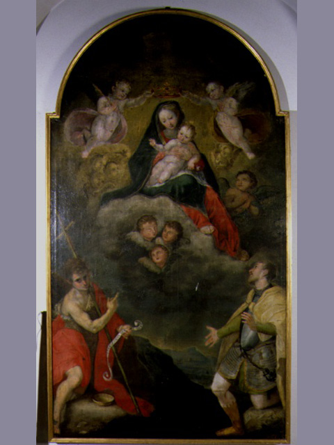 Madonna con Bambino, San Giovanni Battista e donatore (dipinto) - ambito marchigiano (seconda metà sec. XVII)