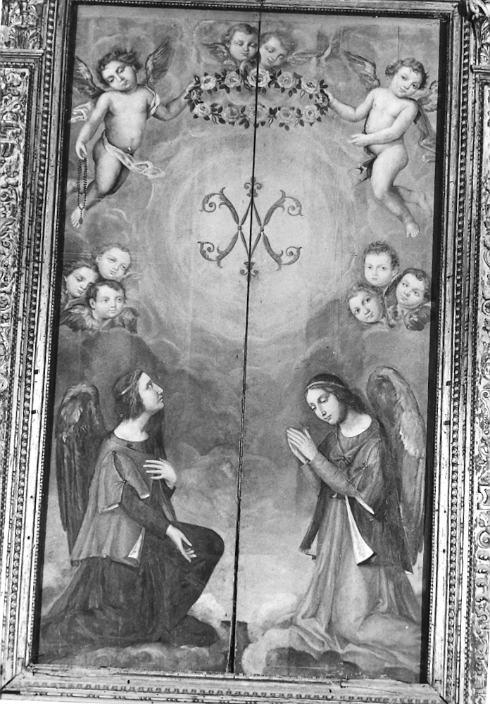 angeli adoranti il monogramma mariano (dipinto) - ambito marchigiano (sec. XIX)