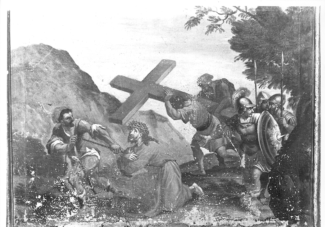 stazione V: Gesù aiutato da Simone il Cireneo a portare la croce (Via Crucis, elemento d'insieme) - ambito marchigiano (fine/inizio secc. XVIII/ XIX)