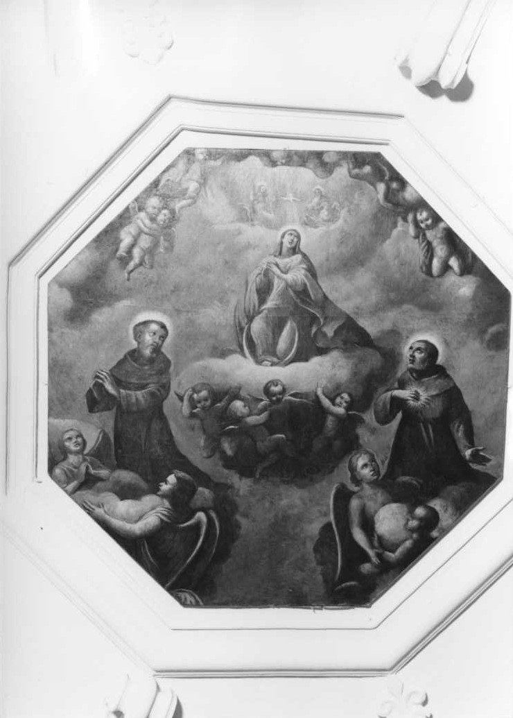 Madonna Immacolata con la Trinità, San Francesco e il Beato Sante (dipinto) - ambito marchigiano (fine/inizio secc. XVIII/ XIX)