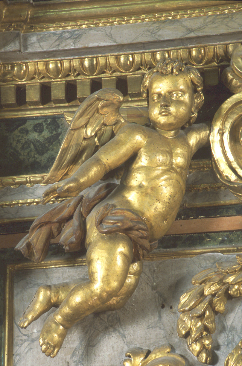 angelo reggicartiglio, angelo (scultura, elemento d'insieme) di Polinori Giuseppe, Grillanda Girolamo (sec. XVII)