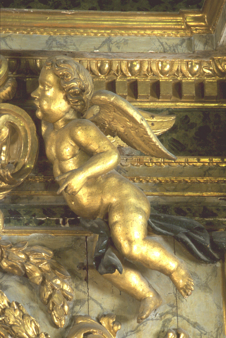angelo reggicartiglio, angelo (scultura, elemento d'insieme) di Polinori Giuseppe, Grillanda Girolamo (fine sec. XVII)