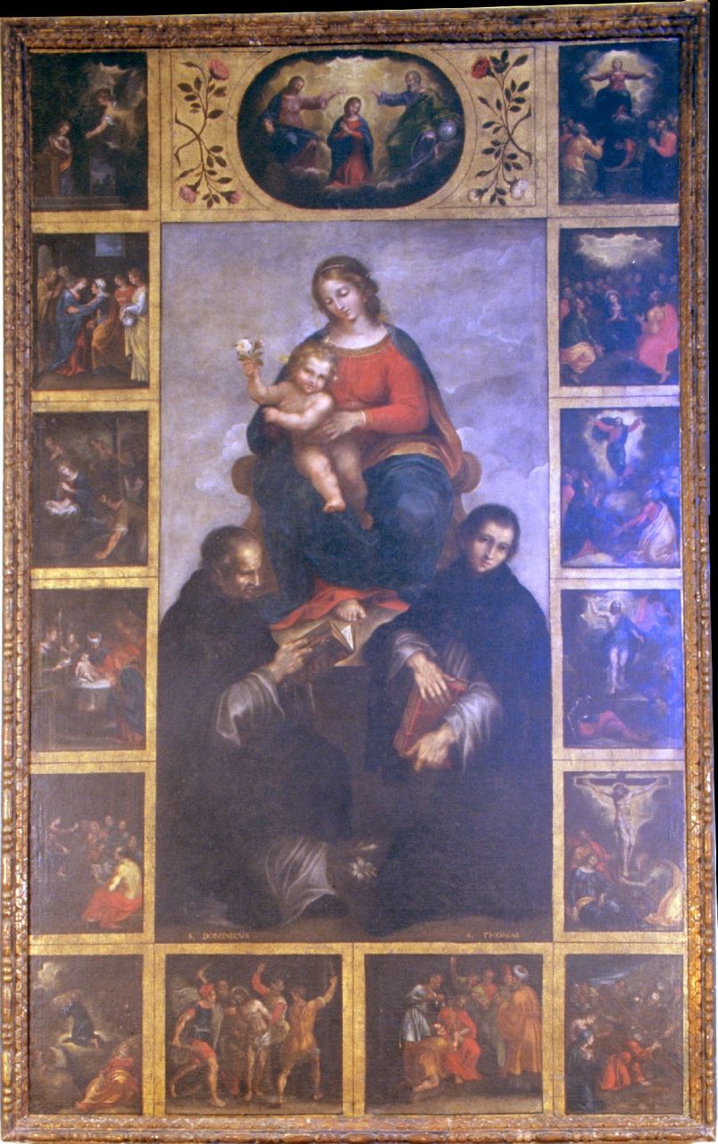 Madonna con Bambino, San Domenico, San Tommaso e misteri del rosario, Madonna del Rosario (pala d'altare) di Terenzi Terenzio detto Rondoletto (seconda metà sec. XVII)