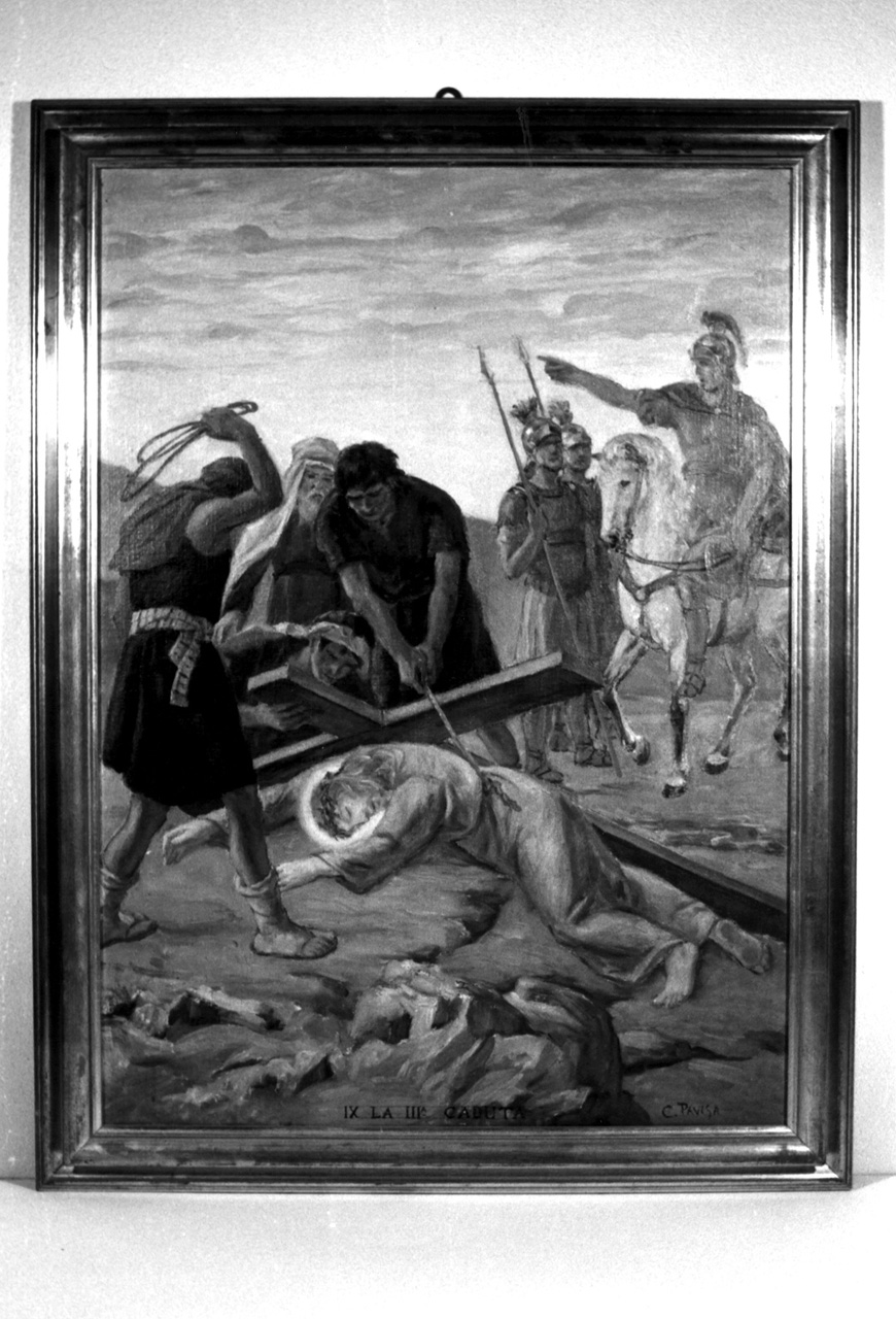 La terza caduta, stazione IX: Gesù cade sotto la croce la terza volta (dipinto, elemento d'insieme) di Pavisa Ciro (inizio sec. XX)