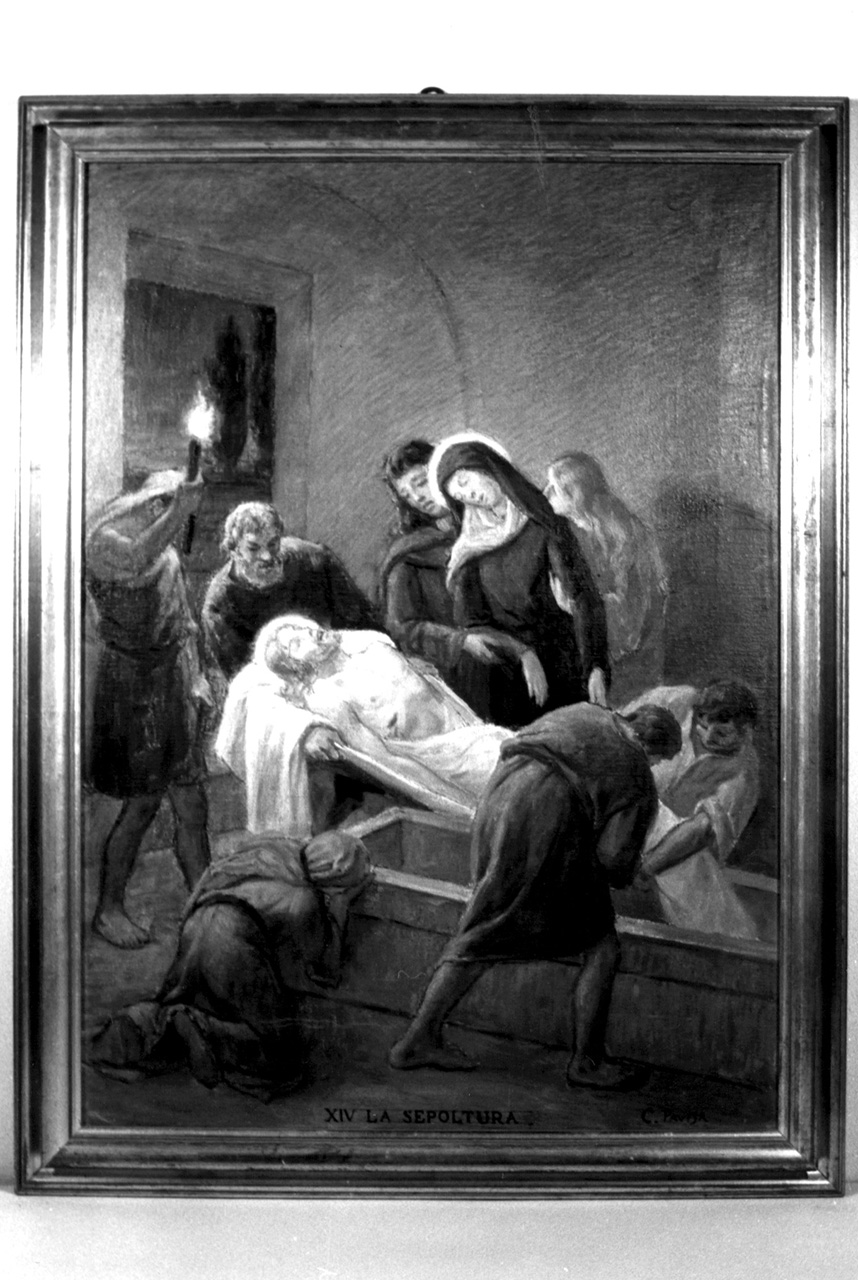 La sepoltura, stazione XIV: Gesù deposto nel sepolcro (dipinto, elemento d'insieme) di Pavisa Ciro (inizio sec. XX)