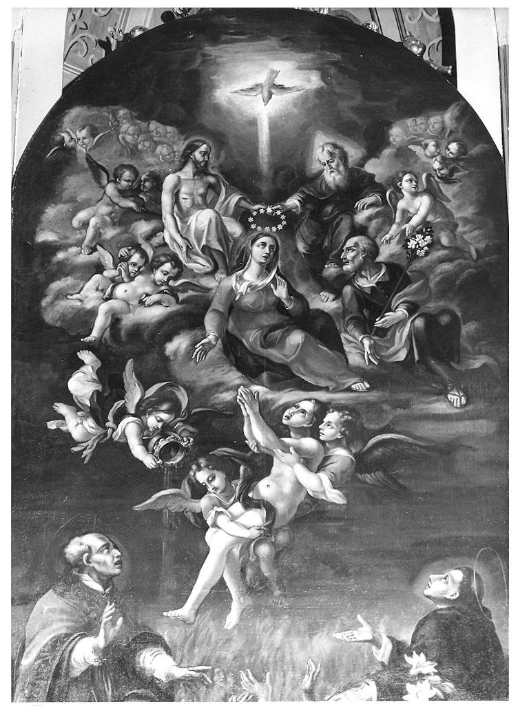 incoronazione della Madonna con San Giuseppe, San Gregorio Magno, San Domenico e le anime del purgatorio (dipinto) - ambito Italia centrale (sec. XVII)