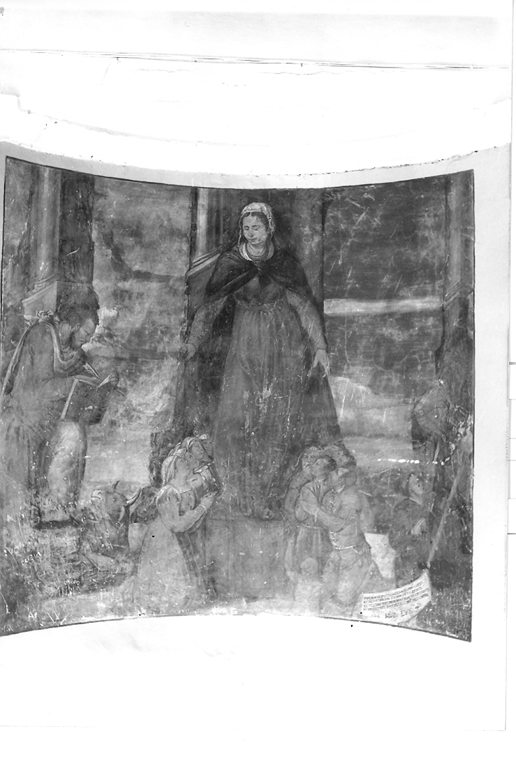 Madonna della Misericordia tra devoti, San Luca, San Giorgio e committente (?) (dipinto) - ambito marchigiano (sec. XVI)