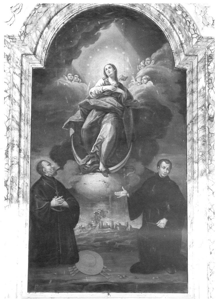 Immacolata Concezione con due personaggi ecclesiastici (dipinto) - ambito marchigiano (sec. XVII)