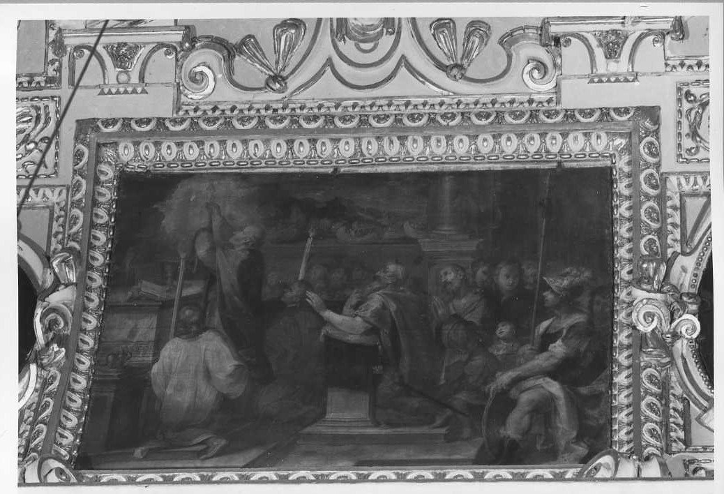 condottiero guarda l'ostia e presagisce la vittoria, miracolo eucaristico (dipinto, elemento d'insieme) di Viviani Antonio detto Sordo (sec. XVI)