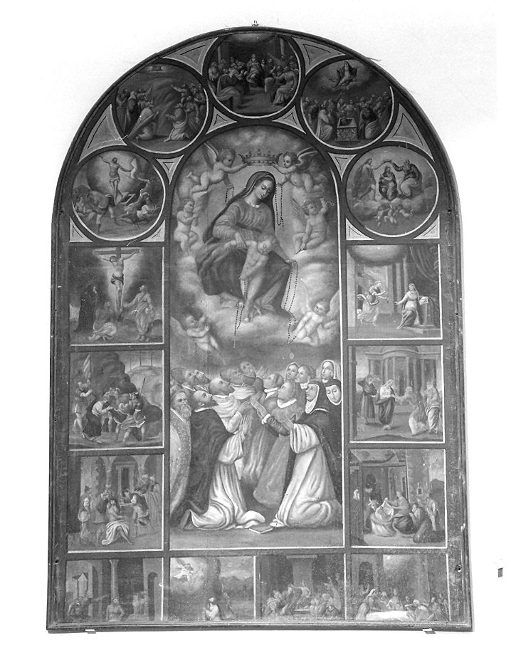 Madonna del Rosario con Santi domenicani e misteri del rosario (dipinto) - ambito marchigiano (sec. XVII)