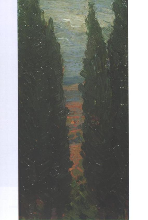 Cipressi, paesaggio con alberi (dipinto) di Santi Archimede (sec. XX)
