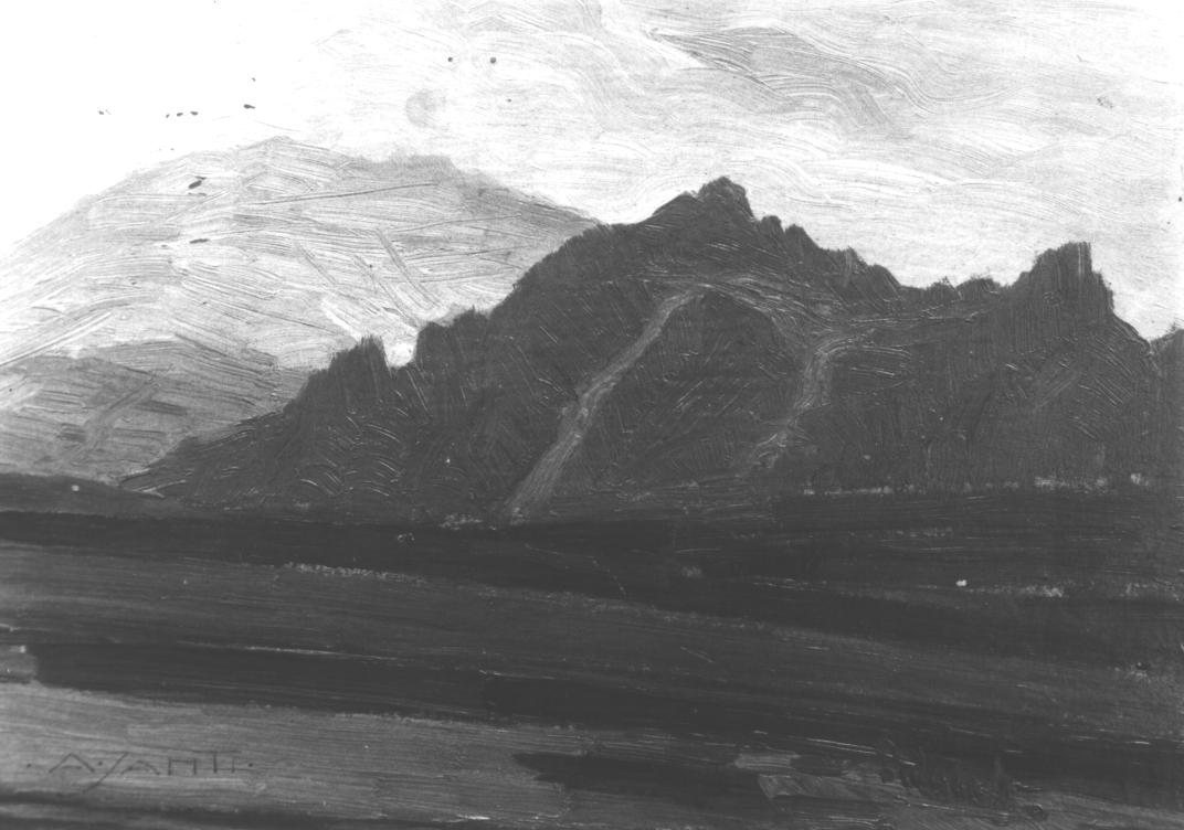 La montagna viola, paesaggio montano (dipinto) di Santi Archimede (sec. XX)