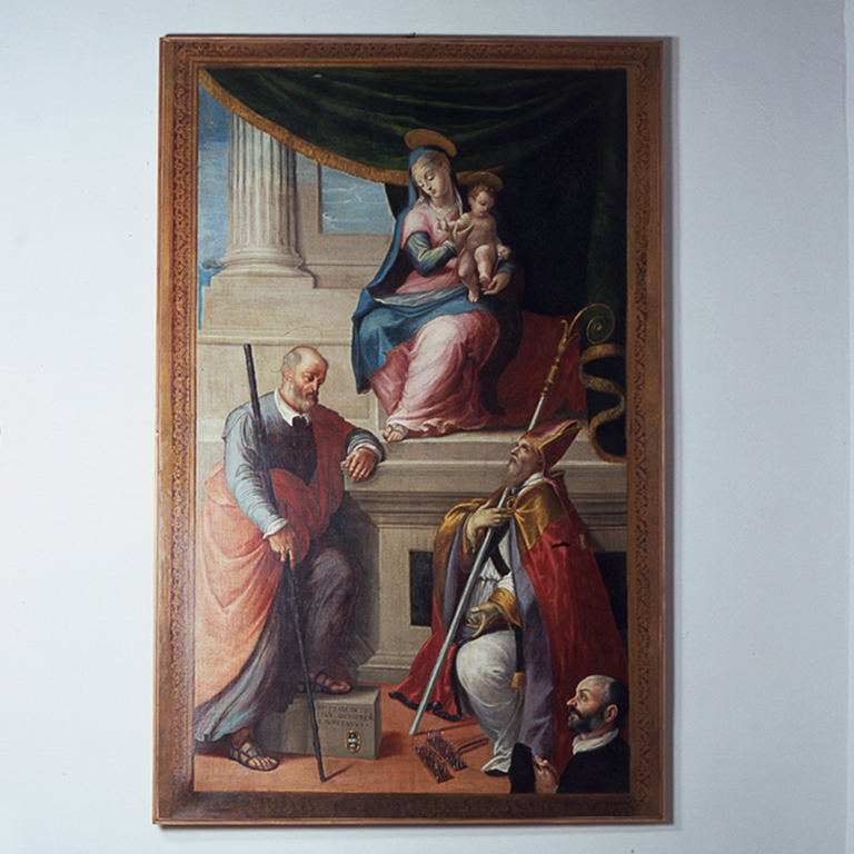 Madonna con Bambino tra San Giuseppe e San Biagio (dipinto) di Gasparini Gaspare (attribuito) (sec. XVI)
