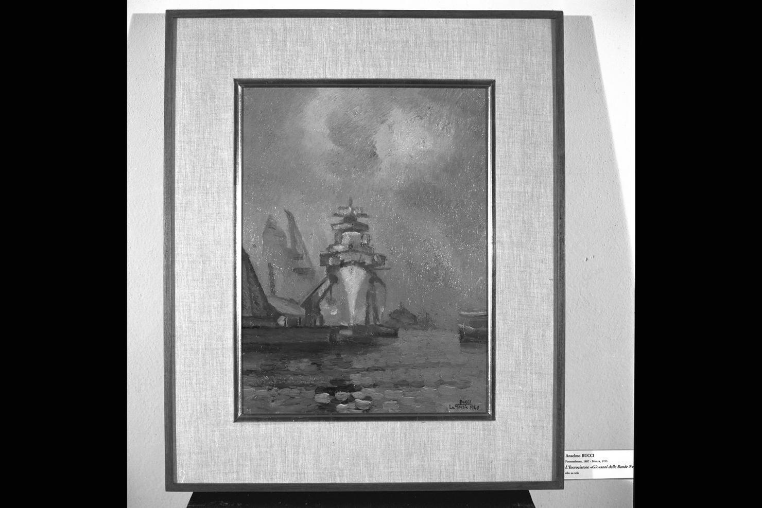L'incrociatore "Giovanni delle Bande Nere", paesaggio marino (dipinto) di Bucci Anselmo (sec. XX)