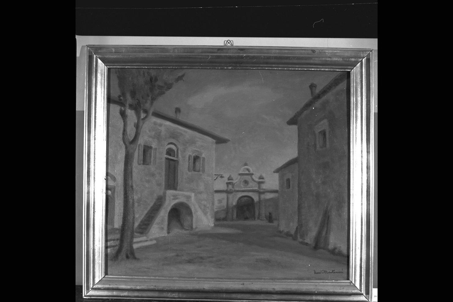 Case e portale, veduta di città (dipinto) di Montanari Dante (sec. XX)