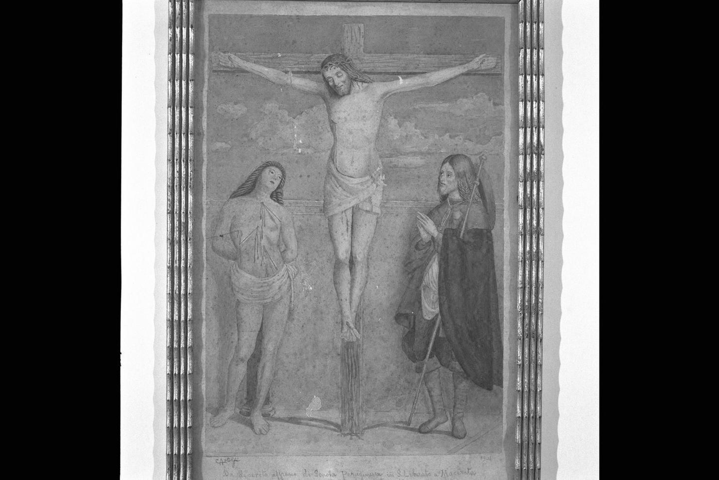 Cristo crocifisso fra San Sebastiano e San Rocco (dipinto) di Astolfi Carlo (sec. XX)