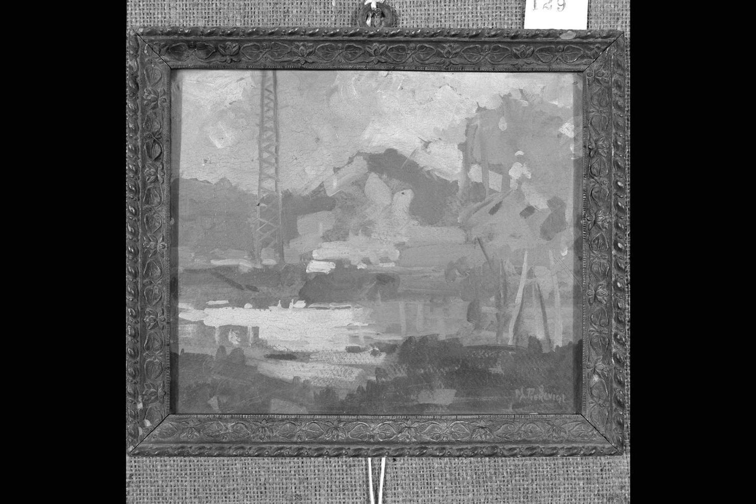 Presso il fiume, paesaggio fluviale (dipinto) di Pierluigi Mario (terzo quarto sec. XX)