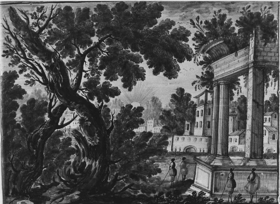 paesaggio con rovine (mattonella) di Cappelletti Nicola (attribuito) (sec. XVIII)