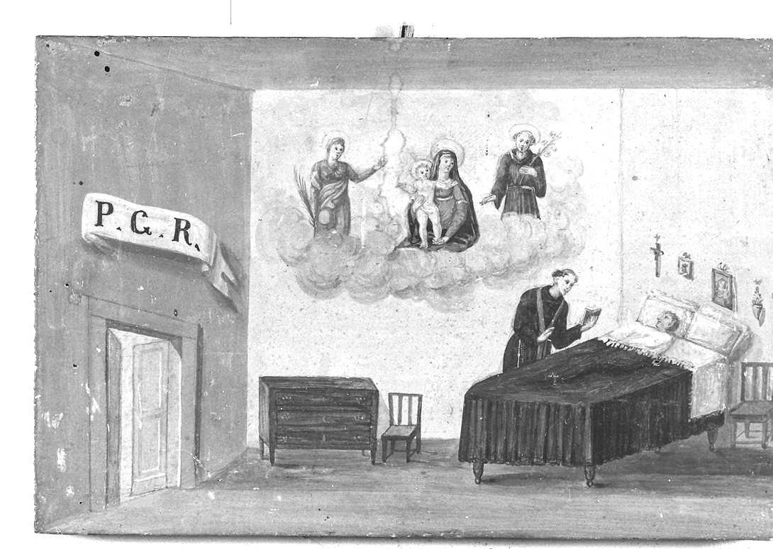 apparizione della Madonna con Bambino e Santi ad un malato (ex voto) - ambito marchigiano (sec. XIX)