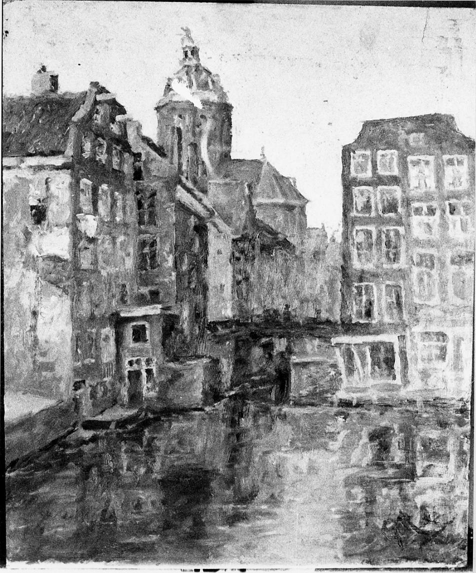 sotto la pioggia, veduta di città (dipinto) di Moleveld Pieter (sec. XX)