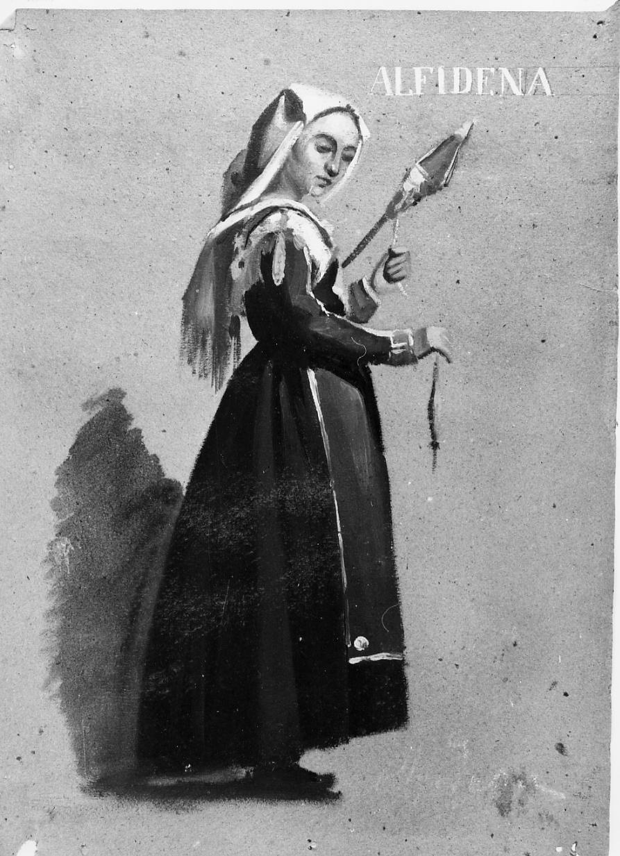 Alfidena, figura femminile con costume tipico della zona di Alfedena (dipinto) di Gabrielli Giulio (seconda metà sec. XIX)