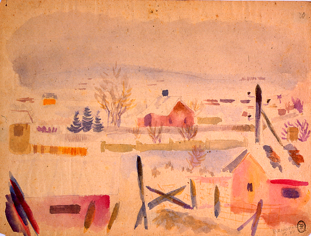 Veduta del campo di prigionia, paesaggio invernale (dipinto) di Ercolani Ernesto (sec. XX)