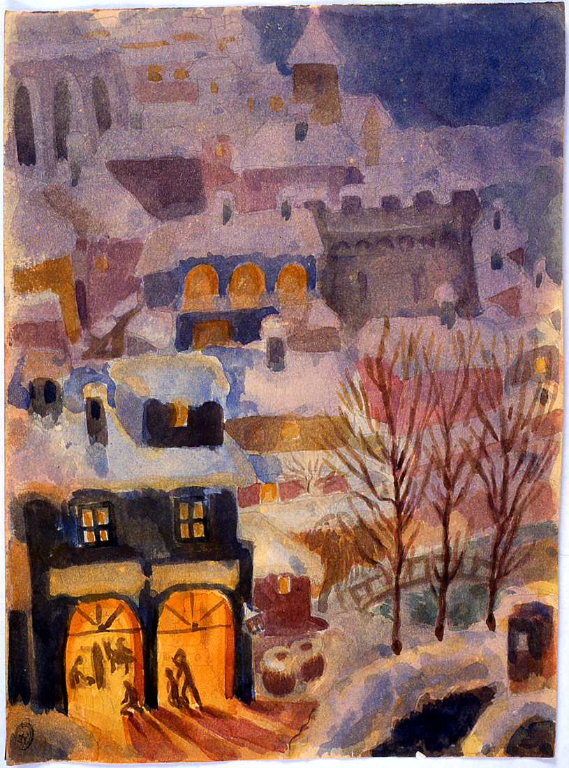 paesaggio invernale con architetture (dipinto) di Ercolani Ernesto (sec. XX)