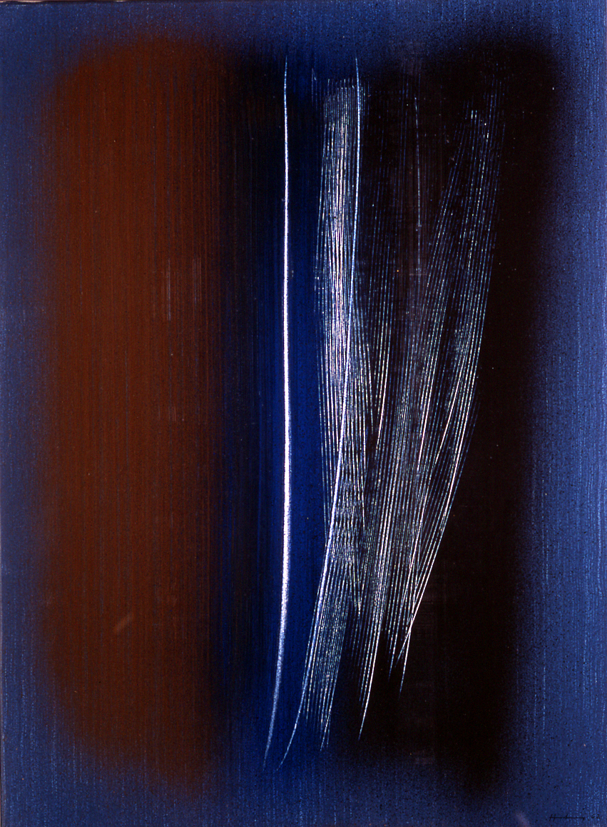 Linee nere su fondo blu, motivi decorativi astratti (dipinto) di Hartung Hans (sec. XX)