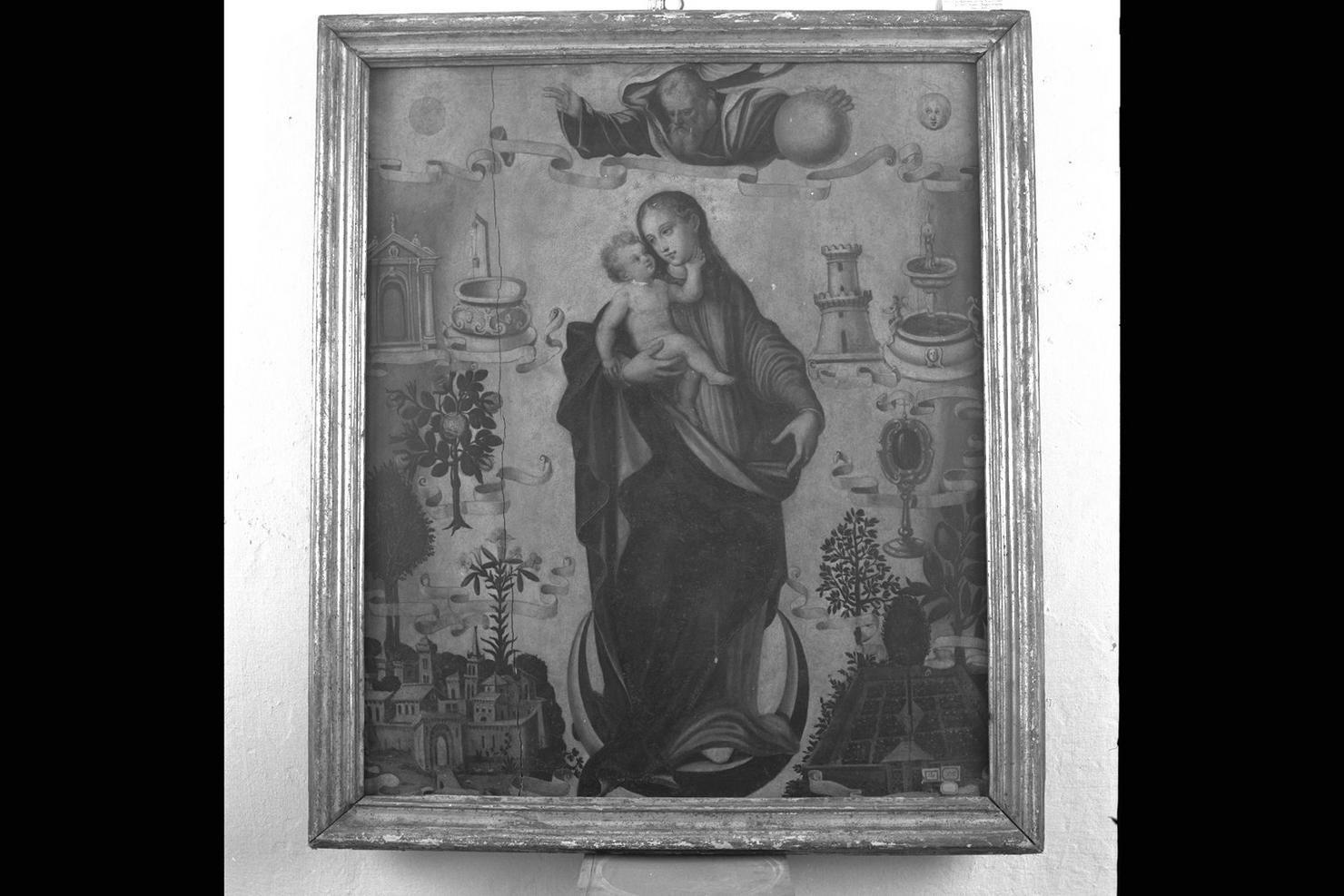 Immacolata Concezione con simboli mariani (dipinto) - ambito marchigiano (metà sec. XVI)