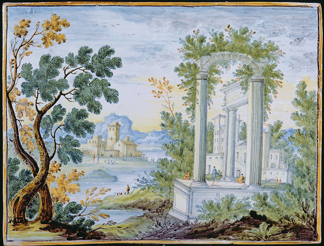 paesaggio con ruderi (mattonella) - bottega di Castelli (seconda metà sec. XVIII)