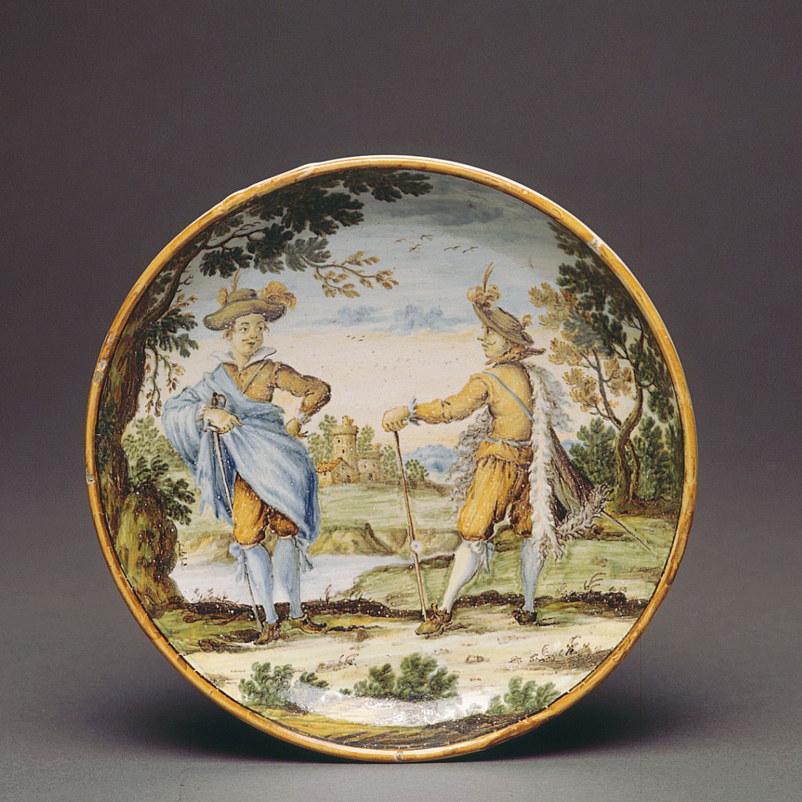 due uomini in paesaggio (ciotola) - bottega di Castelli (sec. XVIII)