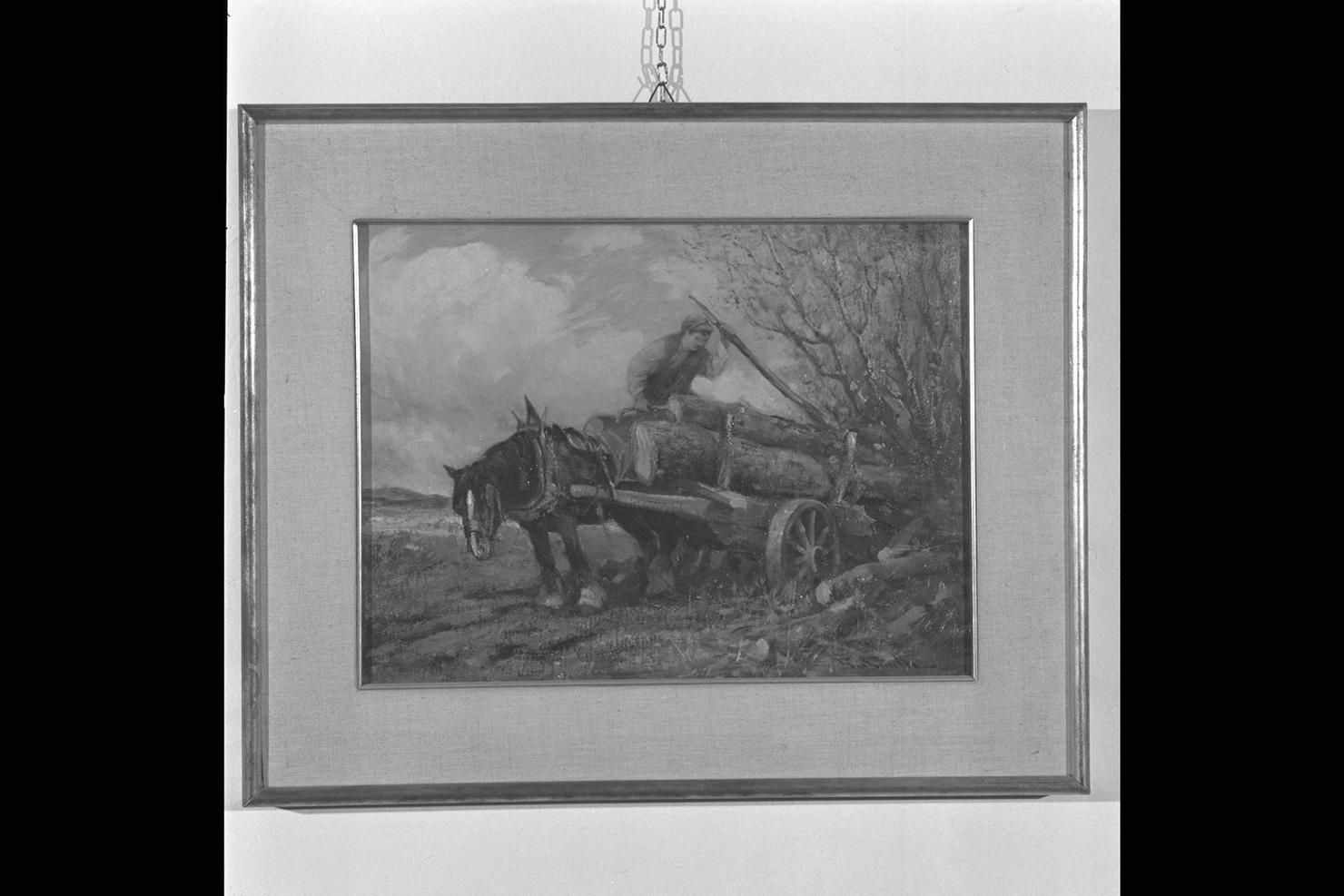 boscaiolo carica tronchi d'albero su un carro; paesaggio (dipinto) - ambito inglese (sec. XIX)