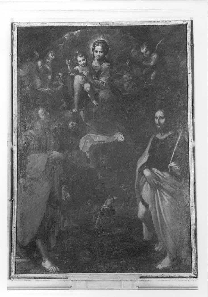 Madonna con Gesù Bambino tra San Cosma e San Damiano (dipinto) di Viviani Ludovico (attribuito) (sec. XVII)