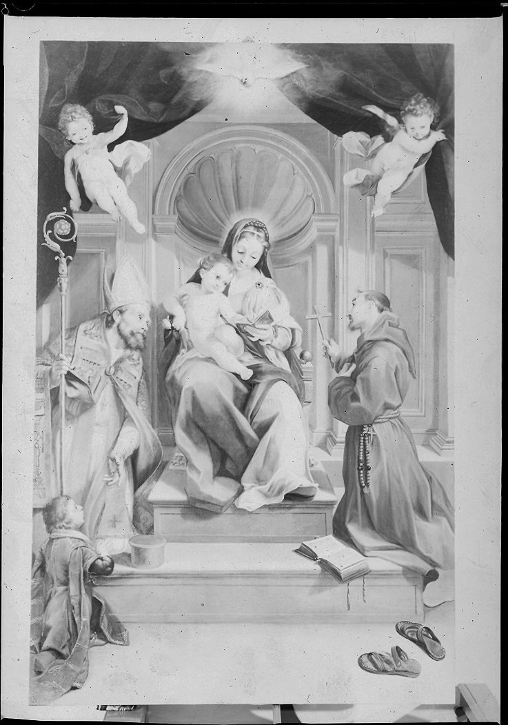 Madonna con Bambino e altri personaggi (dipinto) - ambito marchigiano (prima metà sec. XVII)