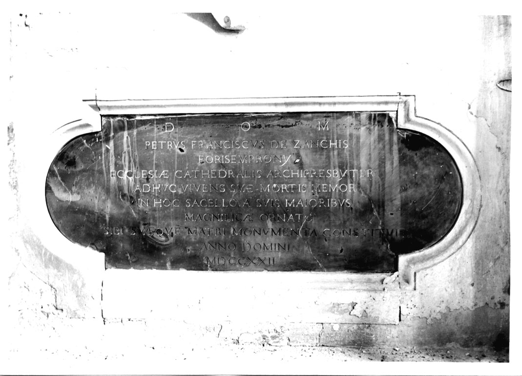 epigrafe funeraria di Pietro Francesco Zanchi (lapide) - bottega marchigiana (sec. XVIII)
