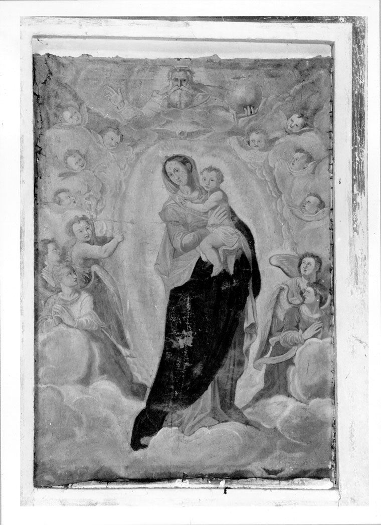 Madonna con Bambino in gloria con Dio Padre e angeli (dipinto) - ambito marchigiano (sec. XVII)