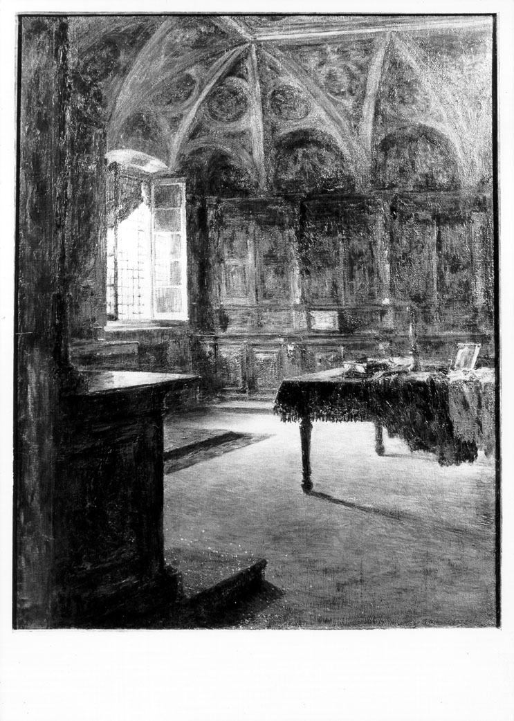 interno di sagrestia (dipinto) di Mazzola Enrico (sec. XX)