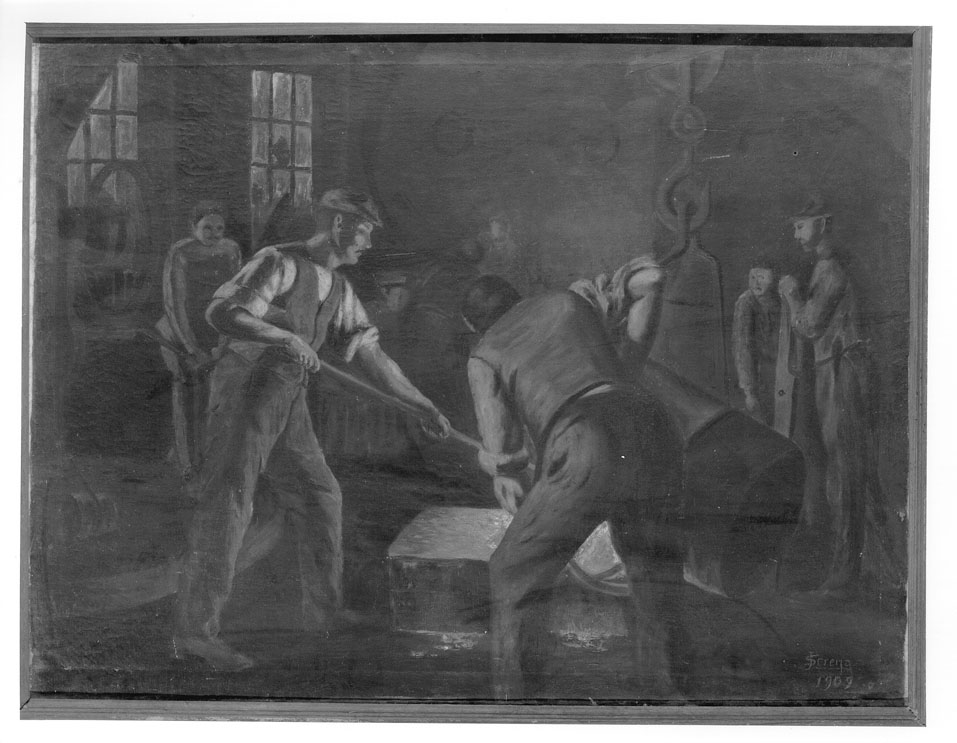lavoratori in una forgeria (dipinto) - ambito marchigiano (sec. XX)