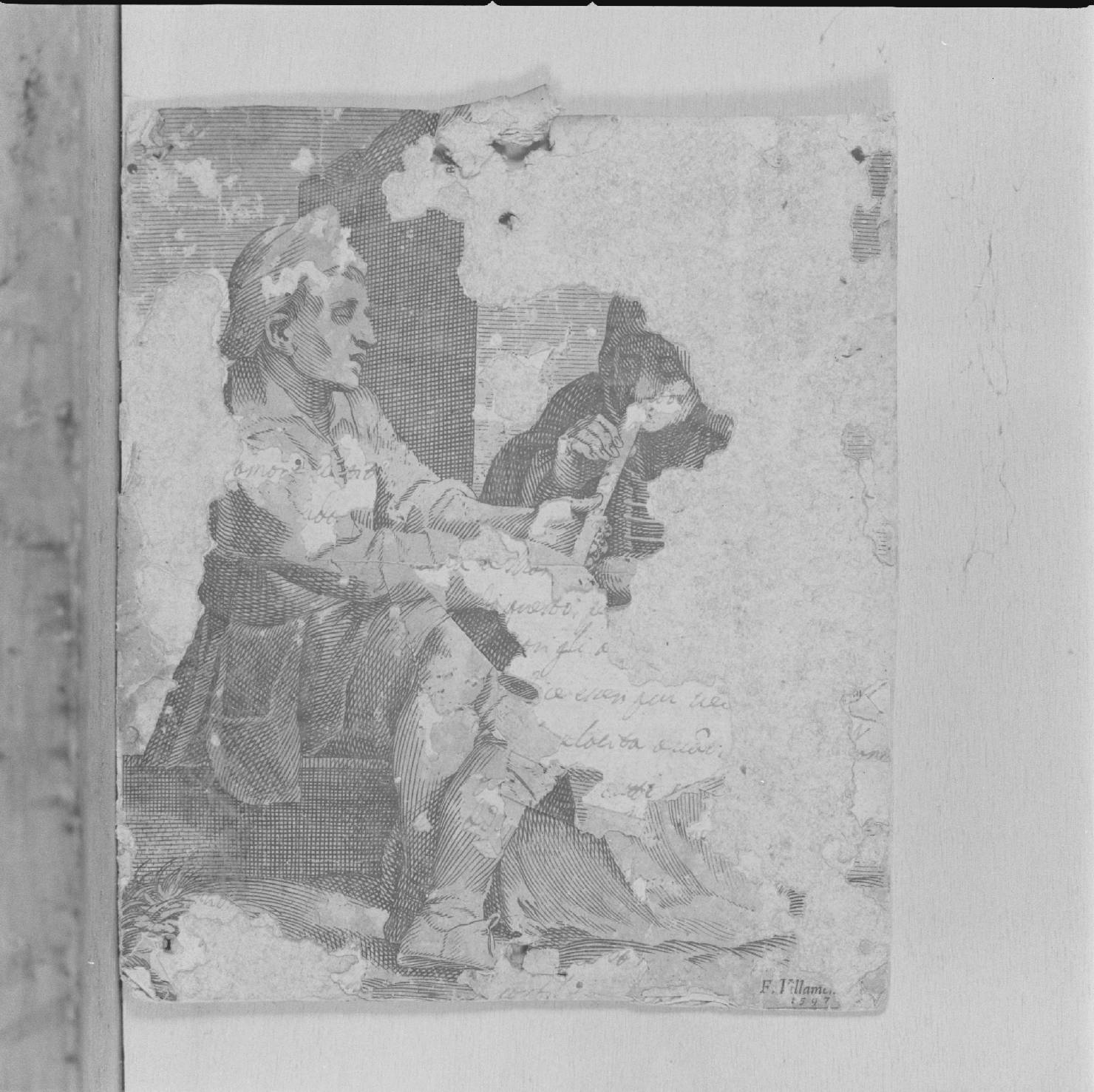 figura maschile seduta e suanatrice di flauto (stampa tagliata) di Villamena Francesco (sec. XVI)