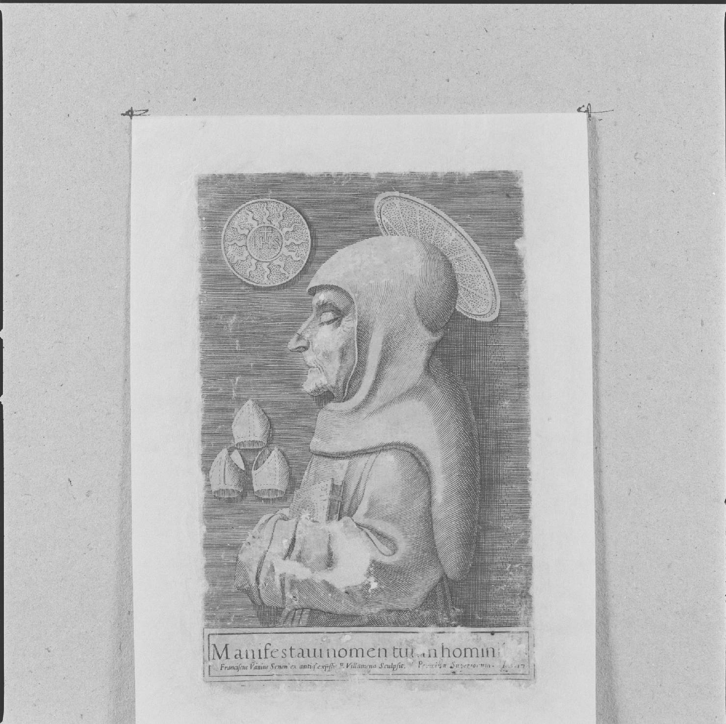 San Bernardino da Siena defunto (stampa) di Vanni Francesco, Villamena Francesco - ambito senese, ambito senese (fine sec. XVI)