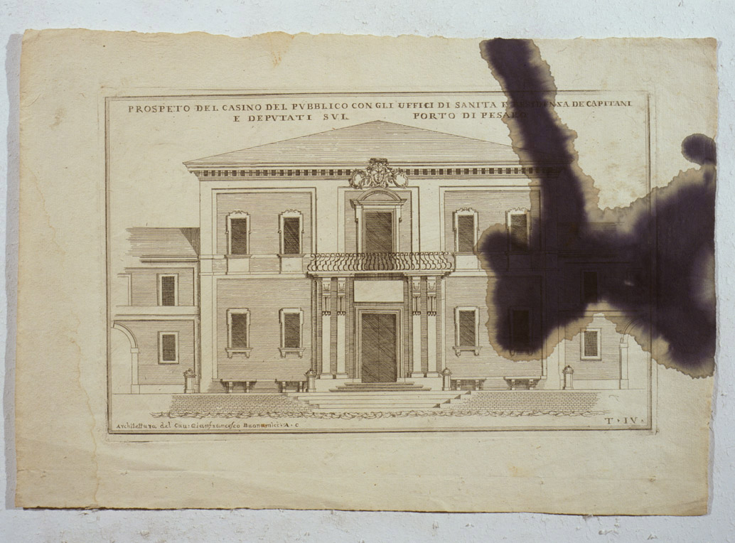 prospetto del Casino del Pubblico nel porto di Pesaro (stampa) di Buonamici Giovanni Francesco (sec. XVIII)