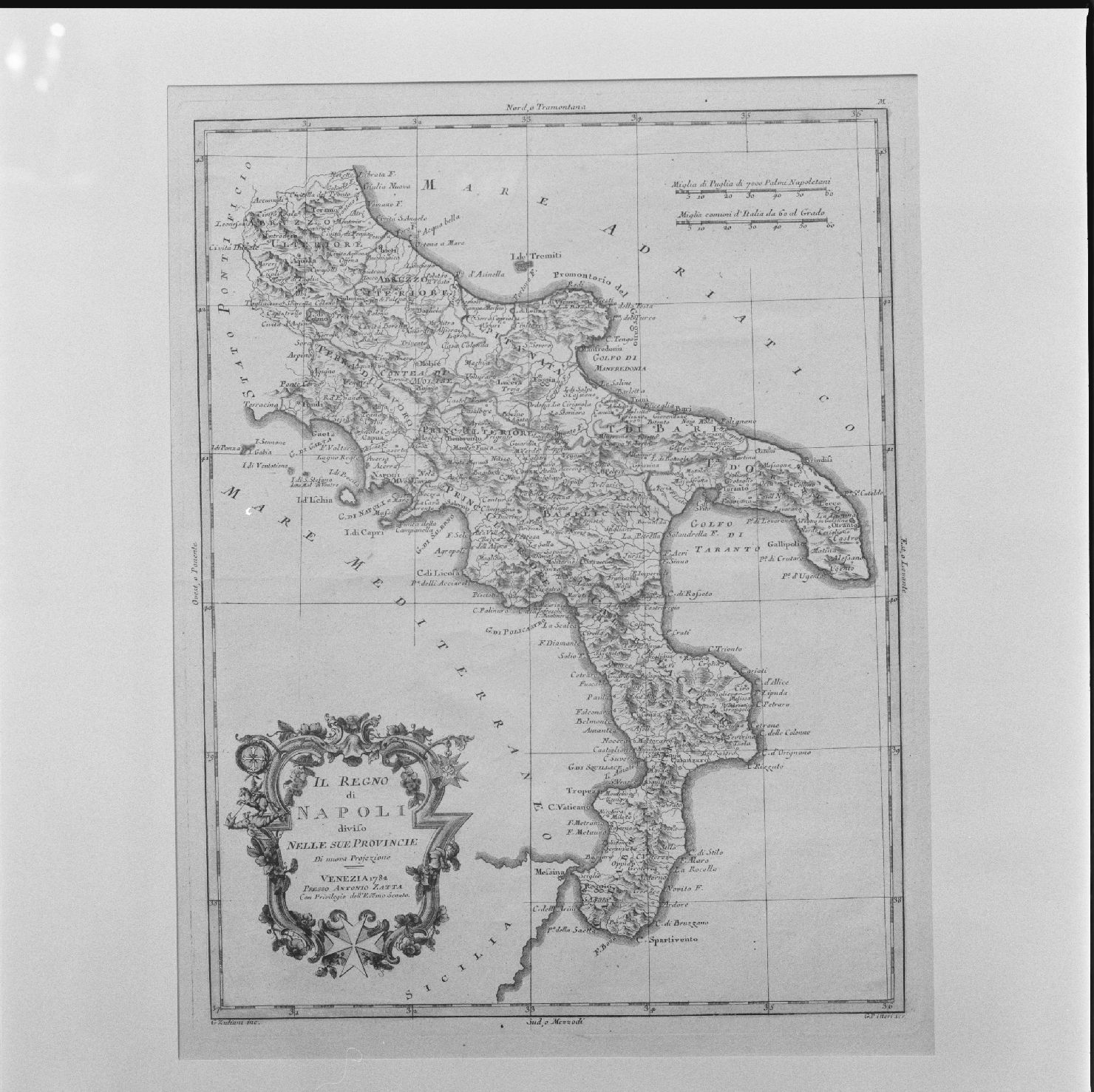carta geografica del Regno di Napoli (stampa colorata a mano, elemento d'insieme) di Pitteri Marco Alvise - ambito europeo, ambito veneziano (sec. XVIII)