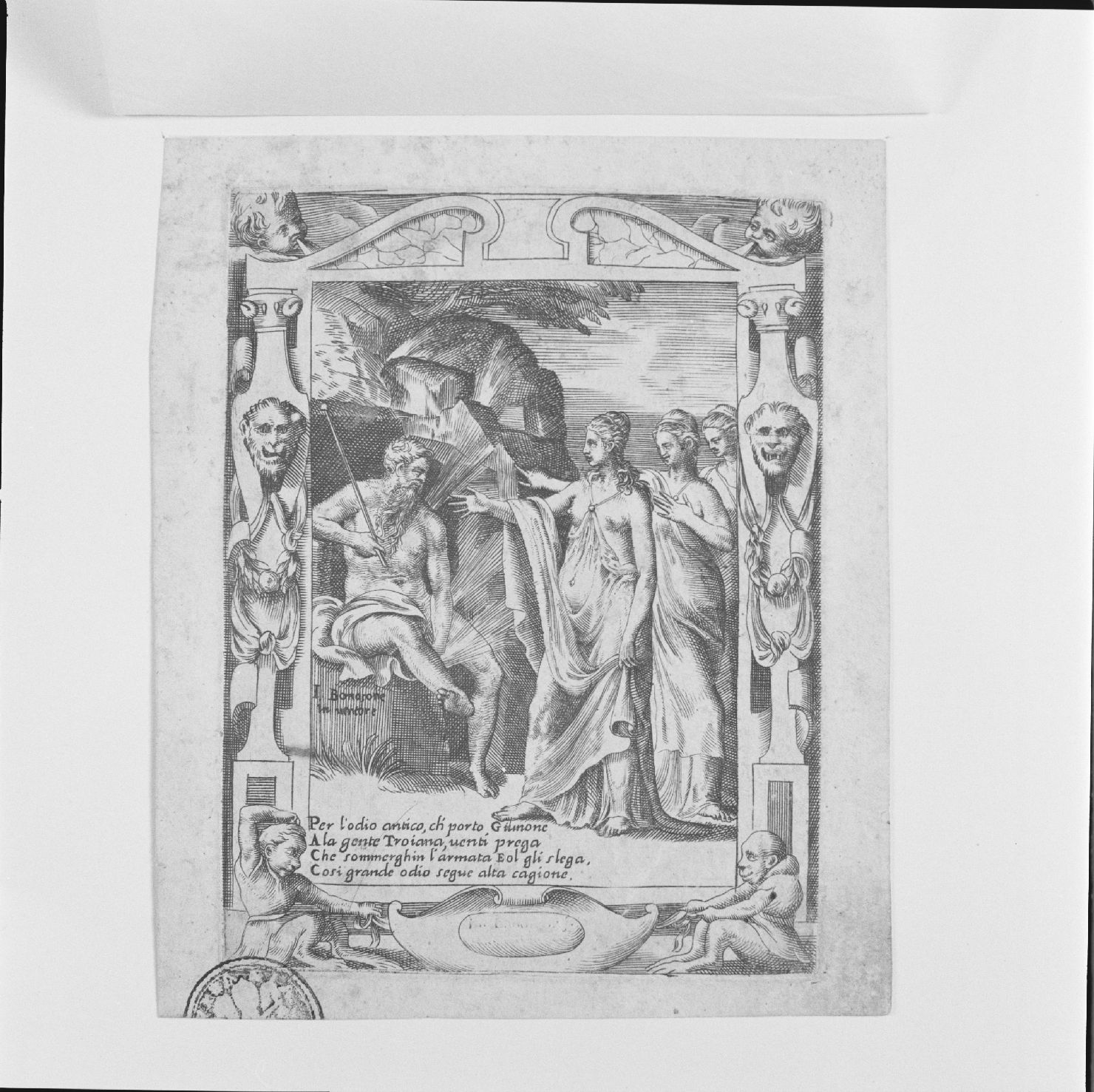 preghiera di Giunone ad Eolo per affondare i troiani (stampa) di Bonasone Giulio (metà sec. XVI)