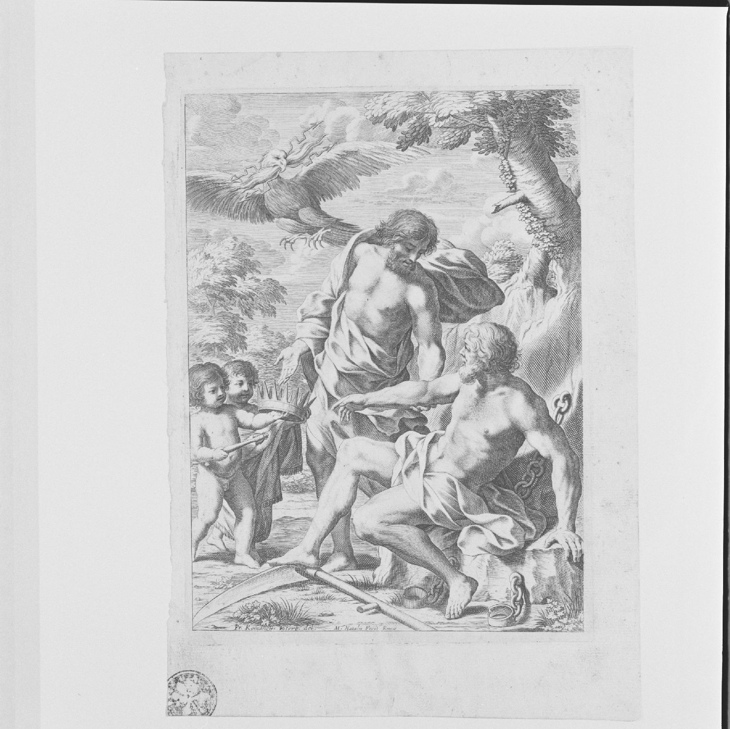 Giove perdona Prometeo (stampa) di Romanelli Giovan Francesco, Natalis Michael (sec. XVII)