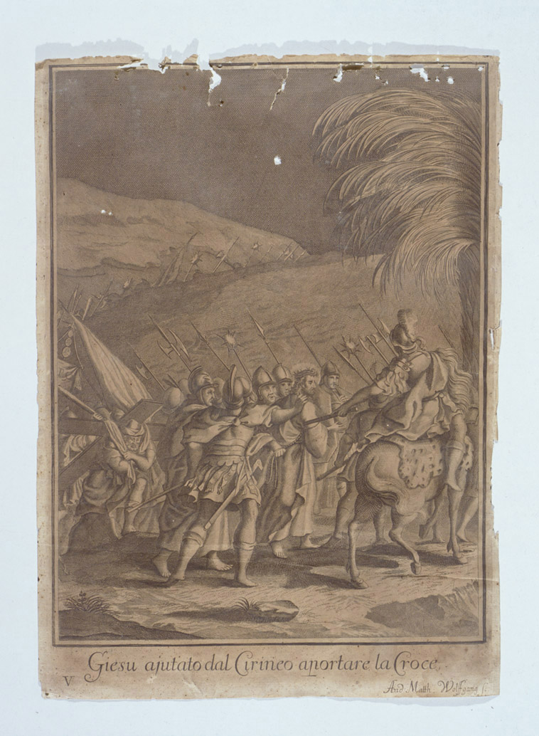 stazione V: Gesù aiutato da Simone il Cireneo a portare la croce (stampa, serie) di Wolfgang Andreas Matthäus (secc. XVII/ XVIII)