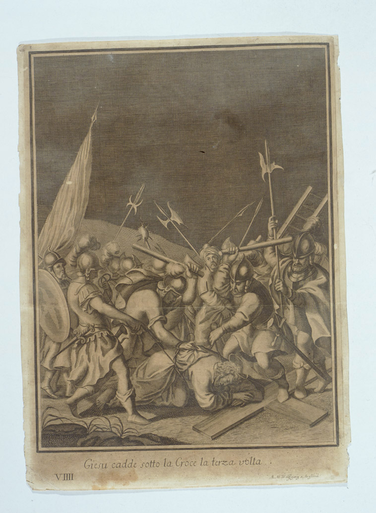 stazione IX: Gesù cade sotto la croce la terza volta (stampa, serie) di Wolfgang Andreas Matthäus (secc. XVII/ XVIII)